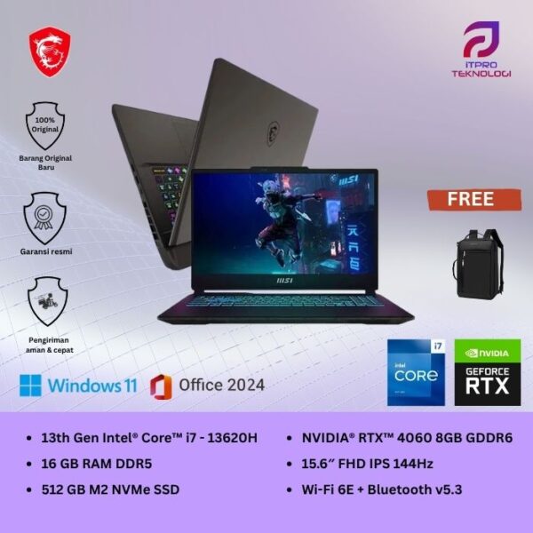 MSI Cyborg 15 A13VFK (9S7-15K111-843) Translucent Black, Core i7 - 13620H, 16GB, 512GB SSD, Nvidia RTX4060 8GB, 15.6″ FHD, Win 11 Home + OHS2021