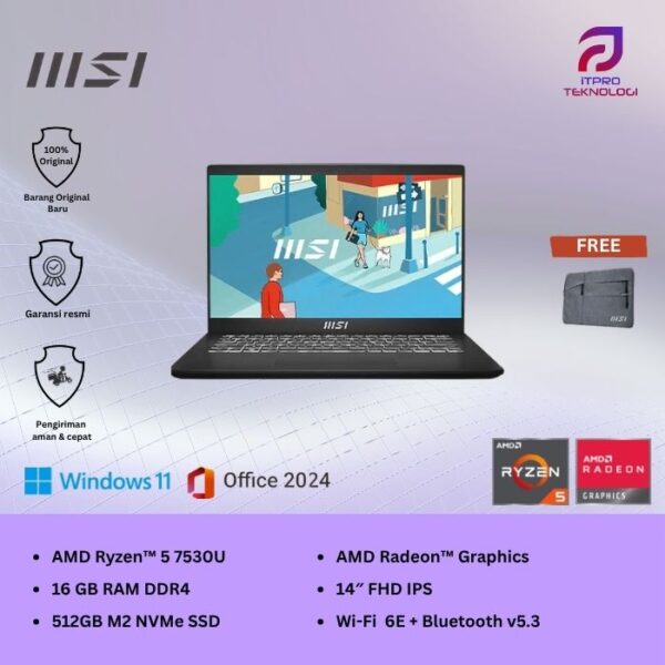 MSI Modern 14 C7M (9S7-14JK12-279) Classic Black, Ryzen 5 - 7530U, 16GB, 512GB SSD, 14″ FHD. Win 11 Home + OHS2021
