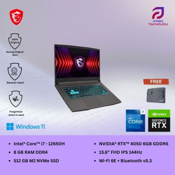 MSI Thin 15 B12VE (9S7-16R831-2292) Cosmos Gray, Core i7 - 12650H, 8GB, 512GB SSD, Nvidia RTX4050 6GB, 15.6″ FHD 144Hz, Win 11 Home
