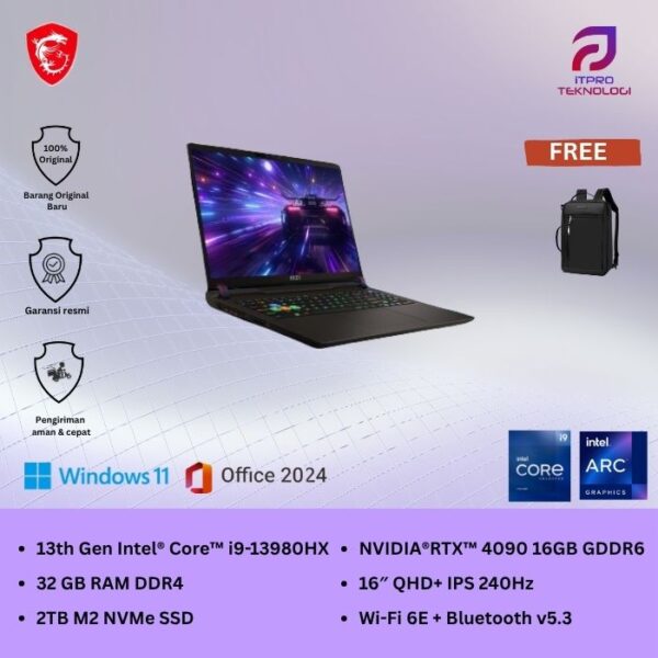 MSI Vector GP68HX 13VI (9S7-15M122-249) Grey, Core i9 - 13980HX, 32GB, 2TB SSD, Nvidia RTX4090 16GB, 16″ QHD, Win 11 Home