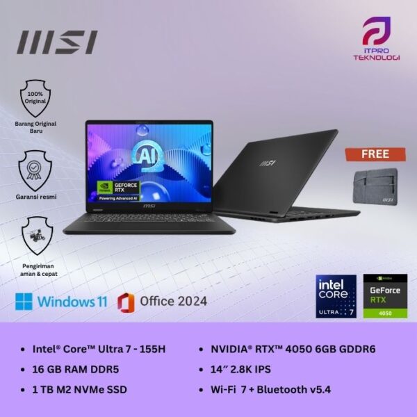 MSI Prestige 14 AI Studio C1VEG (9S7-14N211-050) Stellar Gray, Core Ultra 7 - 155H, 16GB, 1TB SSD, Nvidia RTX4050 6GB, 14″ 2.8K IPS, Win 11 Home + OHS2021