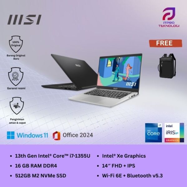 MSI Modern 14 F13MG (9S7-14S121-064 | 9S7-14S122-401), Core i7 - 1355U, 16GB, 512GB SSD, Intel® Xe Graph, 14″ FHD, Win 11 Home + OHS2021