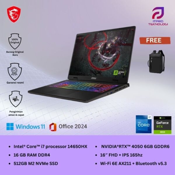 MSI Sword 16 HX B14VEKG (9S7-15P214-848) Grey, Core i7 - 14650HX, 16GB, 512GB SSD, RTX4050 6GB, 16″ FHD, Win 11 Home + OHS2021