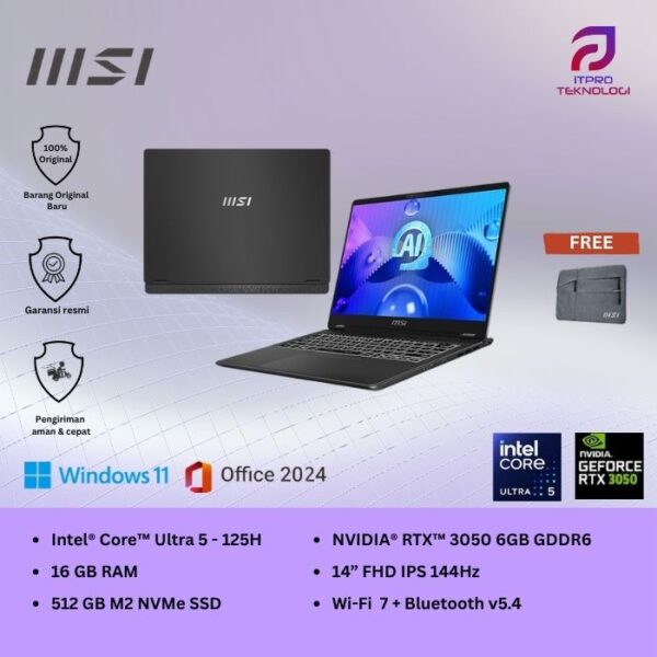 MSI Prestige 14 AI Studio C1UDXG (9S7-14N211-049) Stellar Gray - Core Ultra 5 125H - 16GB - 512GB SSD - RTX3050 6GB - 14″ FHD+ IPS - Win 11 Home + OHS