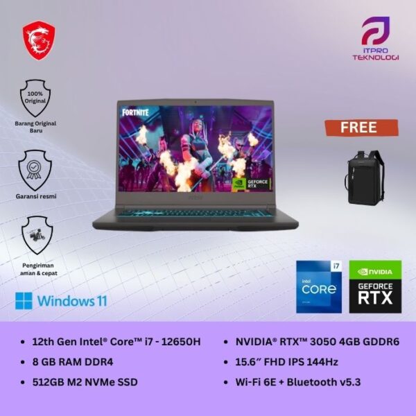 MSI Thin 15 B12UC (9S7-16R831-2405) Cosmos Gray, Core i7 - 12650H, 8GB, 512GB SSD, Nvidia RTX3050 4GB, 15.6″ FHD 144Hz, Win 11 Home