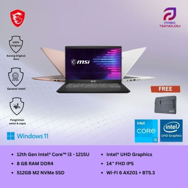MSI Modern 14 C12MO 1253 1288 1289, Core i3 - 1215U, 8GB, 512GB SSD, 14″ FHD, UHD Graph, Win 11 Home + OHS2021