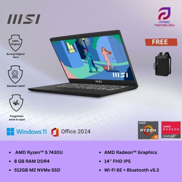 MSI Modern 14 C7M (9S7-14JK11-291 | 9S7-14JK12-406), Ryzen 5 - 7430U, 8GB, 512GB SSD, AMD Graph, 14″ FHD, Win 11 Home + OHS2021