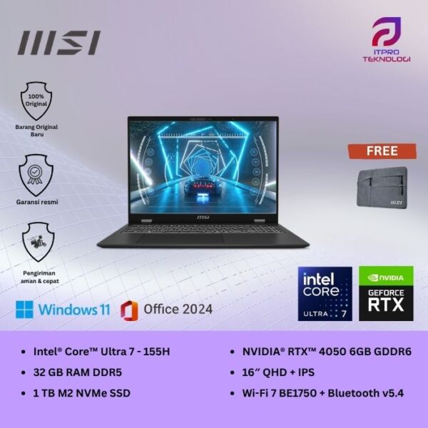 MSI Prestige 16 AI Studio B1VEG (9S7-15A211-223) Stellar Gray, Core Ultra 7 - 155H, 32GB, 1TB SSD, Nvidia RTX4050 6GB, 16″ QHD, Win 11 Home + OHS2021