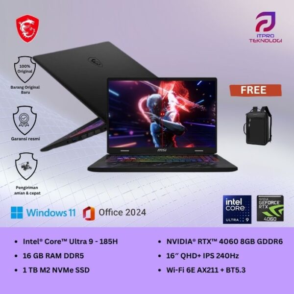 MSI Pulse 16 AI C1VFKG (9S7-15P311-070) Core Black, Ultra 9 - 185H, 16GB,1TB SSD, Nvidia RTX4060 8GB, 16″ QHD,Win 11 Home