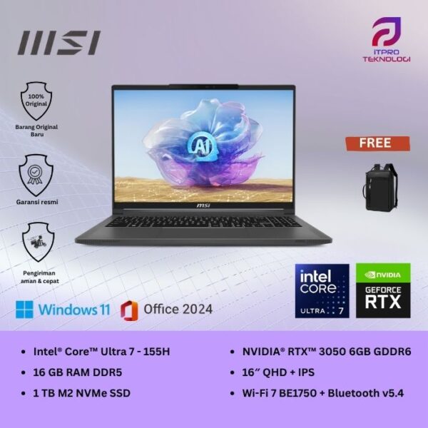 MSI Prestige 16 AI Studio B1UDXG (9S7-15A211-225) Stellar Gray, Core Ultra 7 - 155H, 16GB, 1TB SSD, Nvidia RTX3050 6GB, 16″ QHD, Win 11 Home + OHS2021