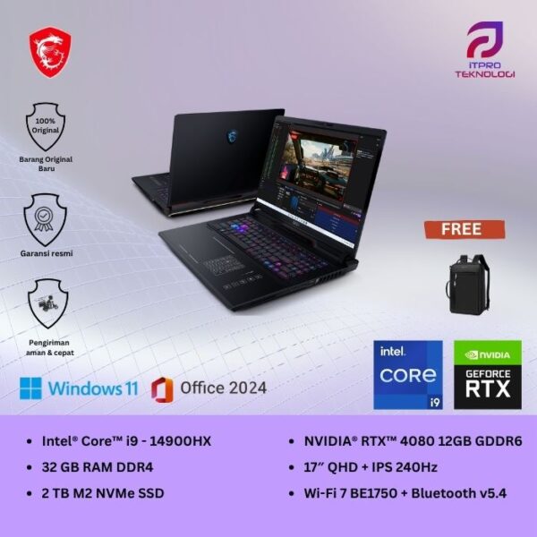 MSI Raider GE78 HX 14VHG (9S7-17S151-1003) Core Black, Core i9 - 14900HX, 32GB, 2TB SSD, Nvidia RTX4080 12GB, 17″ QHD, Win 11 Home + OHS2021
