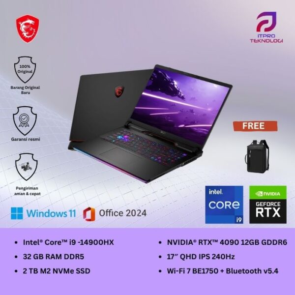 MSI Raider GE78 HX 14VIG (9S7-17S151-1004) Core Black, Core i9 - 14900HX, 32GB, 2TB SSD, Nvidia RTX4090 16GB, 17″ QHD, Win 11 Home + OHS2021