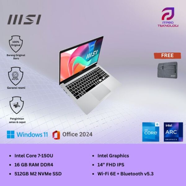 MSI Modern 14 F1MG (9S7-14S111-073| 9S7-14S113-264), Intel Core 5 - 120U, 16GB, 512GB SSD, Intel Graph,14″ FHD, Win 11 Home + OHS