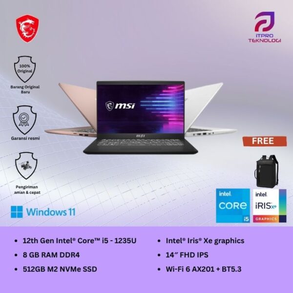 MSI Modern 14 C12MO 1283 1287 1290, Core i5 - 1235U, 8GB, 512GB SSD, 14″ FHD, Win 11 Home + OHS2021