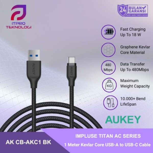 AUKEY Kabel Charger USB-A to USB-C (AK CB-AKC1 BK) Black, Kevlar Core 1,2M