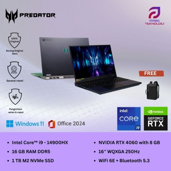 Acer Predator Helios Neo (PHN16-72-93X3) Black, Intel Core i9 - 14900HX, 16GB, 1TB SSD, Nvidia RTX 4060 8GB, 16″ WUXGA, Win 11 Home + OHM 2024 + M365