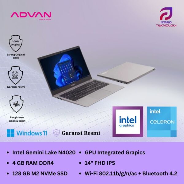 Advan Soulmate SG14S01A, Celeron N4020, 4GB, 128GB eMMC + 240GB SSD, Integrated Graph, 14″ HD, Win 11 Home