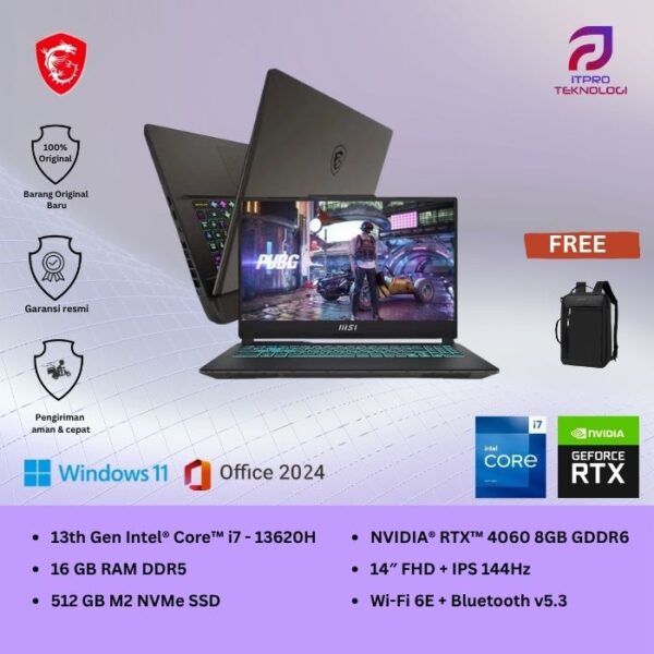 MSI Cyborg 14 A13VF (9S7-14P111-025) Translucent Black, Core i7 - 13620H, 16GB, 512GB SSD, Nvidia RTX4060 8GB, 14″ FHD, Win 11 Home + OHS2021