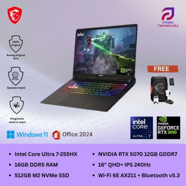 MSI Vector 16 HX AI A2XWHG (9S7-15M352-239) Cosmos Gray, Ultra 7 - 255HX, 16GB, 512GB SSD, Nvidia RTX5070Ti 12GB, 16″ QHD, Win 11 Home + OHM