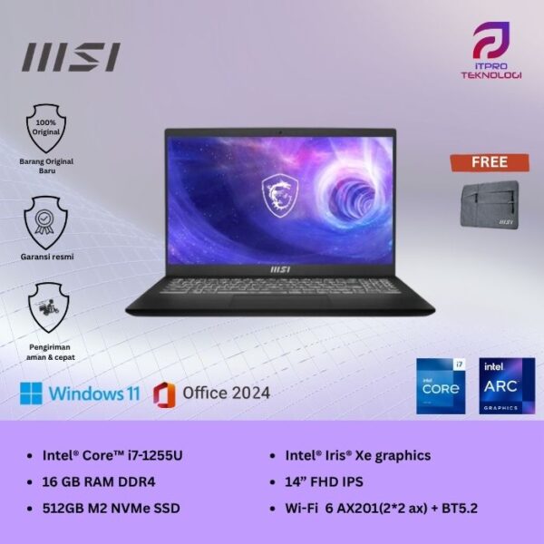 MSI Modern 14 C12MO (9S7-14J112-1285 | 9S7-14J111-141), Core i7 - 1255U, 16GB, 512GB SSD, Iris Xe graph, 14″ FHD, Win 11 Home + OHS