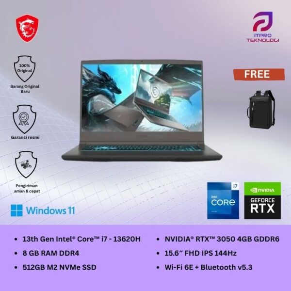 MSI Thin 15 B13UC (9S7-16R831-2407) Gray, Core i7 - 13620H, 8GB, 512GB SSD, Nvidia RTX3050 4GB, 15.6″ FHD, Win 11 Home