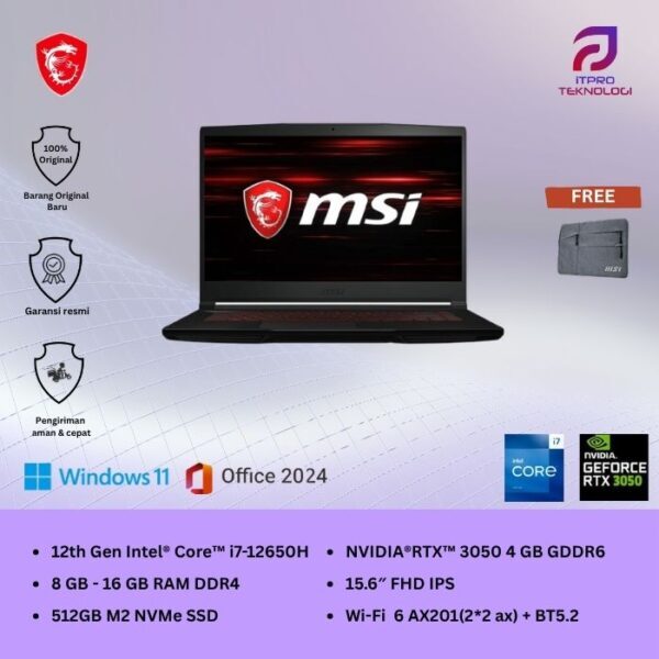 MSI Thin GF63 12UC (9S7-16R821-2647) Hitam, Core i7 - 12650H, 8GB/16GB,  512GB SSD, Nvidia RTX3050 4GB, 15.6″ FHD, Win 11 Home