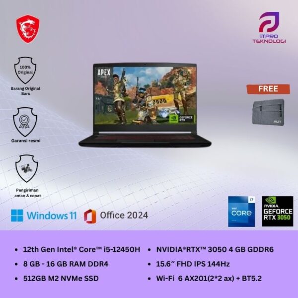 MSI Thin GF63 12UC (9S7-16R821-2648) Black, Core i5 - 12450H, 8GB/16GB, 512GB SSD, Nvidia RTX3050 4GB, 15.6″ FHD, Win 11 Home