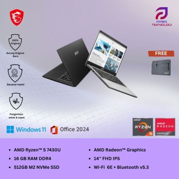 MSI Modern 14 C7M (9S7-14JK12-286) Classic Black, Ryzen 5 - 7430U, 16GB, 512GB SSD, AMD Graph, 14″ FHD, Win 11 Home + OHS2021