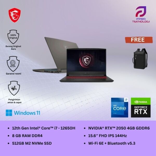 MSI Thin 15 B12UCX (9S7-16R831-2413) Gray, Core i7 - 12650H, 8GB, 512GB SSD, Nvidia RTX2050 4GB, 15.6″ FHD, Win 11 Home