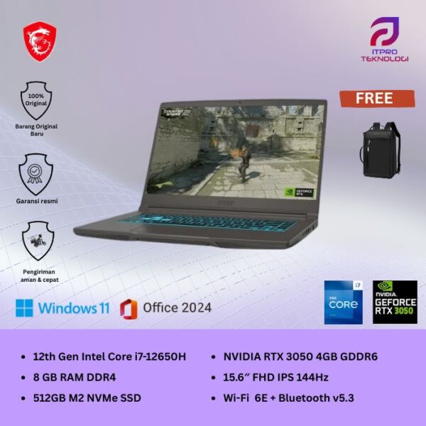 MSI Thin 15 B12UC (9S7-16R831-2492) Grey, Core i7-12650H, 8GB, 512GB SSD, Nvidia RTX3050 4GB, 15.6″ FHD, Win 11 Home