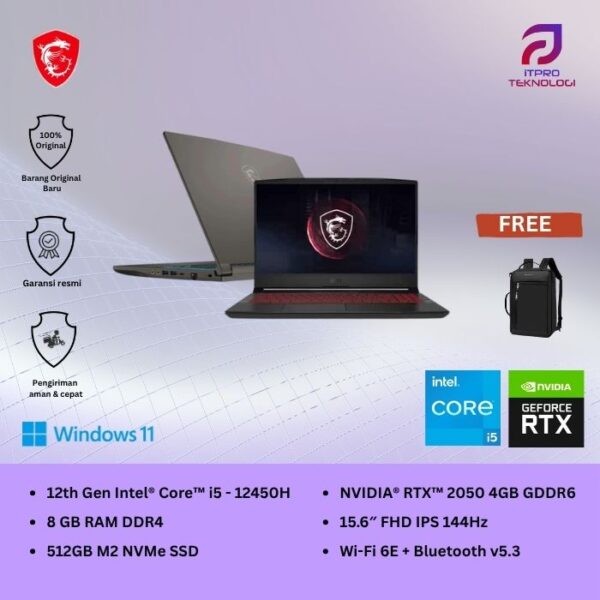 MSI Thin 15 B12UCX (9S7 - 16R831 - 2299) Cosmos Gray, Core i5 - 12450H, 8GB, 512GB SSD, Nvidia RTX2050 4GB, 15.6″ FHD, Win 11 Home