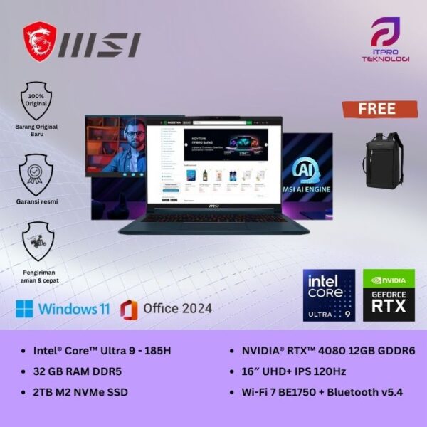 MSI Stealth 16 AI Studio A1VHG (9S7 - 15F312 - 222) Star Blue, Ultra 9 - 185H, 32GB, 2TB SSD, Nvidia RTX4080 12GB, 16″ UHD, Win 11 Home + OHS2021