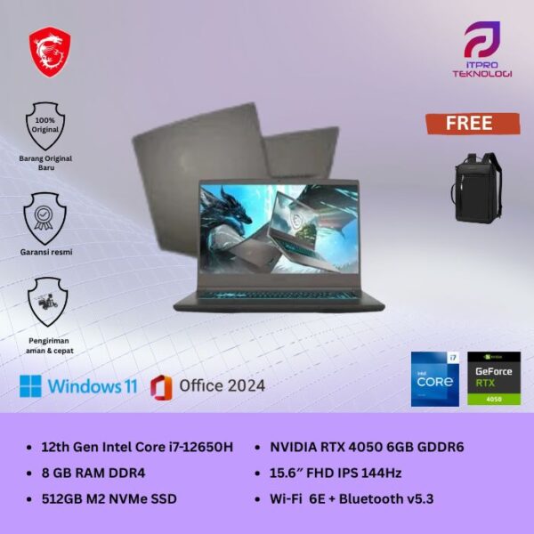 MSI Thin 15 B12VE (9S7-16R831-2276) Grey, Core i7 - 12650H, 8GB, 512GB SSD, Nvidia RTX4050 6GB, 15.6″ FHD, Win 11 Home