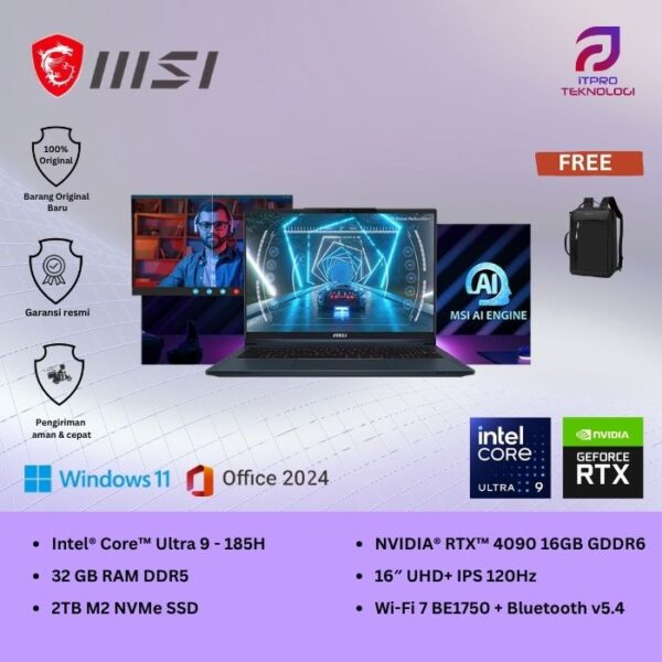 MSI Stealth 16 AI Studio A1VIG (9S7 - 15F312 - 223) Star Blue, Ultra 9 - 185H, 32GB, 2TB SSD, Nvidia RTX4090 16GB, 16″ UHD, Win 11 Home + OHS2021