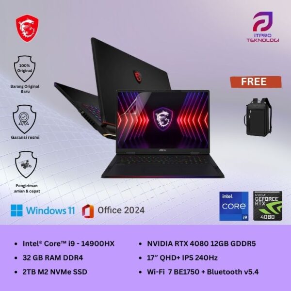 MSI Raider GE78 HX 14VHG (9S7-17S151-895) Black, Core i9 - 14900HX/32GB, 2TB SSD, Nvidia RTX4080 12GB, 17″ QHD, Win 11 Home + OHS2021