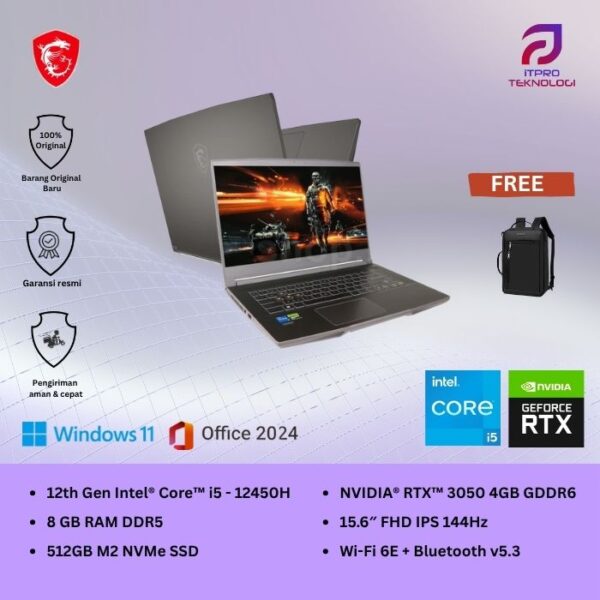 MSI Thin 15 B12UC (9S7 - 16R831 - 2411) Gray, Core i5 - 12450H, 8GB, 512GB SSD, Nvidia RTX3050 4GB, 15.6″ FHD, Win 11 Home
