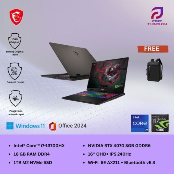 MSI Sword 16 HX B13VGKG (9S7-15P214-684) Gray, Core i7 - 13700HX, 16GB, 1TB SSD, Nvidia RTX4070 8GB, 16″ QHD, Win 11 Home + OHS2021
