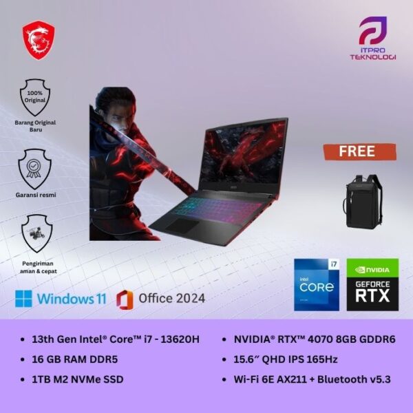 MSI Katana 15 B13VGK (9S7 - 158571 - 2203) Black, Core i7 - 13620H, 16GB, 1TB SSD, Nvidia RTX4070 8GB, 15.6″ QHD, Win 11 Home + OHS2021