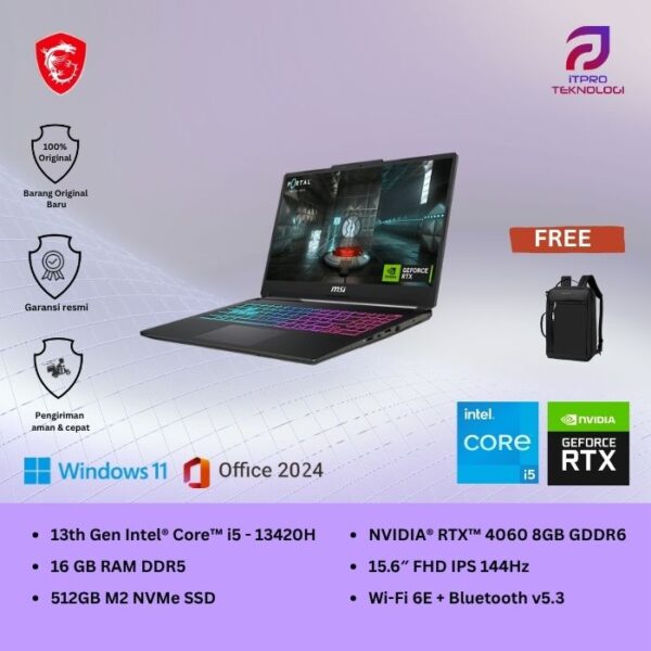 MSI Cyborg 15 A13VFK (9S7 - 15K111 - 1436) Translucent Black, Core i5 - 13420H, 16GB, 512GB SSD, Nvidia RTX4060 8GB, 15.6″ FHD, Win 11 Home + OHS2021