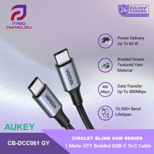 AUKEY CB-DCC061 Kabel Charger DTY Braided USB C To C Fast Charging Up To 60W 1 Meter Cable