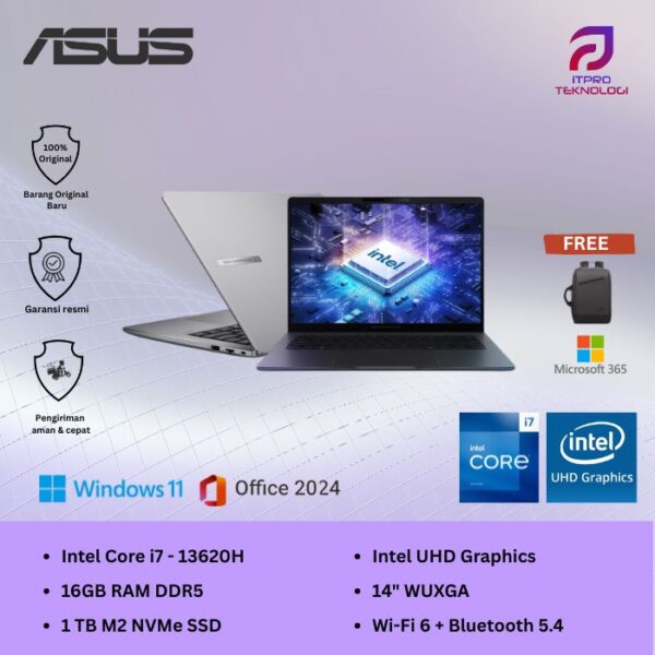 Asus Expertbook (P3 P3405CVA-LY7110WS) Misty Grey, Intel Core i7 - 13620H, 16GB, 1TB SSD, UHD Graph, 14″ WUXGA, Win 11 Home + OHM 2024 + M365
