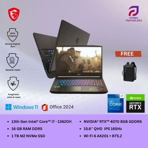 MSI Katana 15 B13VGK (9S7-158571-1887) Black, Core i7 - 13620H, 16GB, 1TB SSD, Nvidia RTX4070 8GB, 15.6″ QHD 165Hz, Win 11 Home + OHS2021