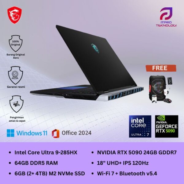 MSI Titan 18 HX AI A2XWJG (9S7-182421-280) Black, Intel Core Ultra 9 - 285HX, 96GB, 6TB SSD, Nvidia RTX5090 24GB,18″ UHD, Win 11 Home + OHM