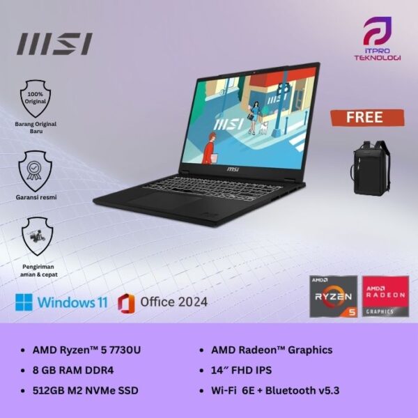 MSI Modern 14 C7M (9S7-14JK12-281) Classic Black, Ryzen 5-7530U, 8GB, 512GB SSD, AMD Graph,14″ FHD IPS, Win 11 Home + OHS2021
