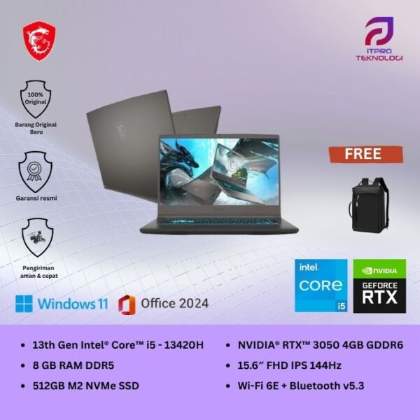 MSI Thin 15 B13UC (9S7-16R831-2409) Cosmos Gray, Core i5 - 13420H, 8GB, 512GB SSD, Nvidia RTX3050 4GB,15.6″ FHD, Win 11 Home