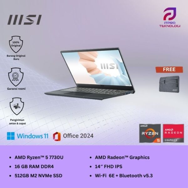 MSI Modern 14 C7M (9S7-14JK12-279) Classic Black, Ryzen 5 - 7530U, 16GB, 512GB SSD, AMD Graph, 14″ FHD, Win 11 Home + OHS2021