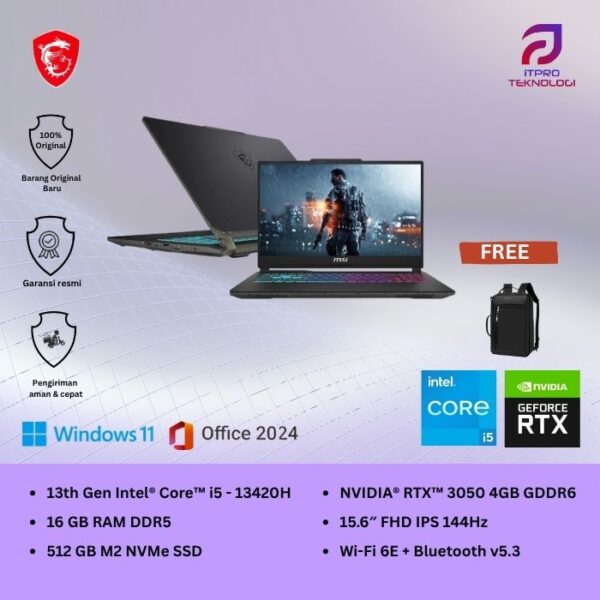 MSI Cyborg 15 A13UDX (9S7-15K111-1441) Translucent Black, Core i5 - 13420H, 16GB, 512GB SSD, Nvidia RTX3050 4GB, 15.6″ FHD, Win 11 Home + OHS2021
