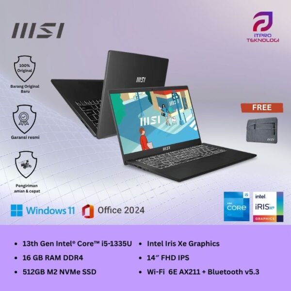 MSI Modern 14 C13M (9S7-14J112-1284) Classic Black, Core i5 - 1335U, 16GB, 512GB SSD, 14″ FHD, Win 11 Home + OHS2021