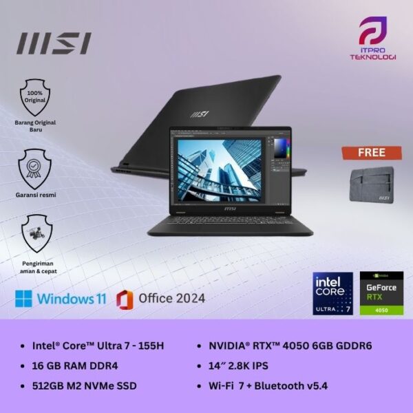 MSI Prestige 14 AI Studio C1VEG (9S7-14N211-050) Stellar Gray, Core Ultra 7 - 155H, 16GB, 1TB SSD, Nvidia RTX4050 6GB, 14″ 2.8K IPS, Win 11 Home + OHS2021