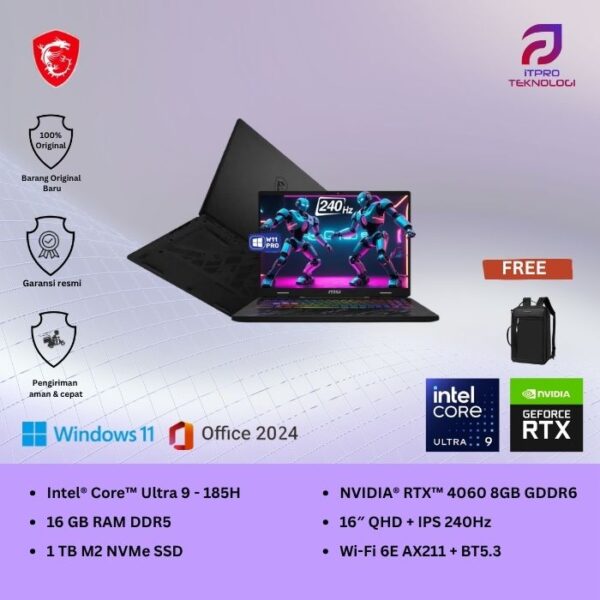 MSI Pulse 16 AI C1VFKG (9S7-15P311-070) Core Black, Ultra 9 - 185H, 16GB, 1TB SSD, Nvidia RTX4060 8GB, 16″ QHD, Win 11 Home